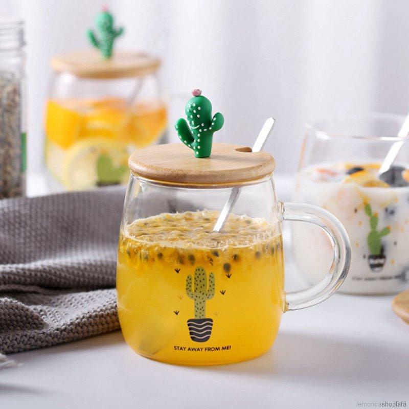 Cốc thủy tinh họa tiết cây xương rồng dễ thương 450ml, cốc sinh tố, ly uống sữa, nước ngọt cute