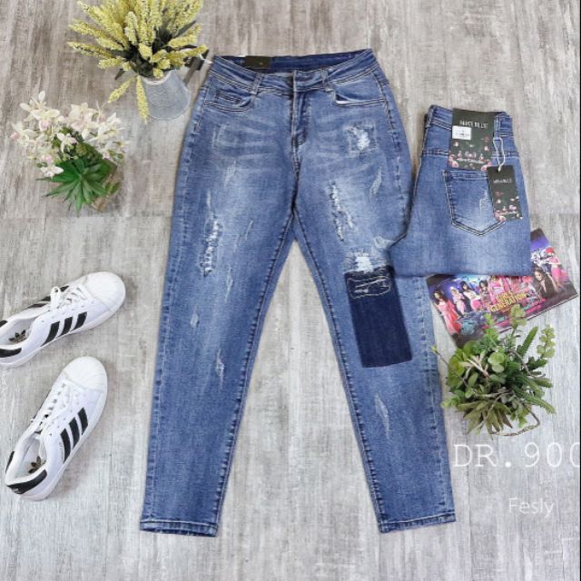Quần Jeans Nữ Skinny Rách Mài 9tấc Lưng Cao