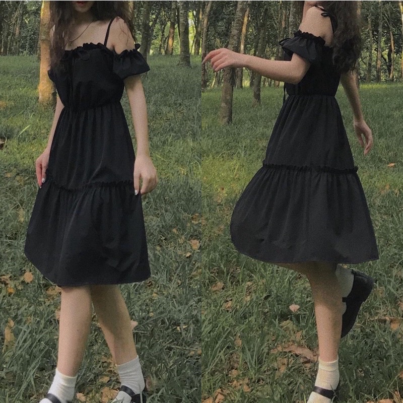 ĐẦM ANGEL ĐEN 2 DÂY ĐEN BUỘC NƠ