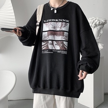 Áo sweater tay dài cổ tròn dáng rộng in họa tiết hoạt hình kiểu Hồng Kông thời trang mùa thu cho nam 2021