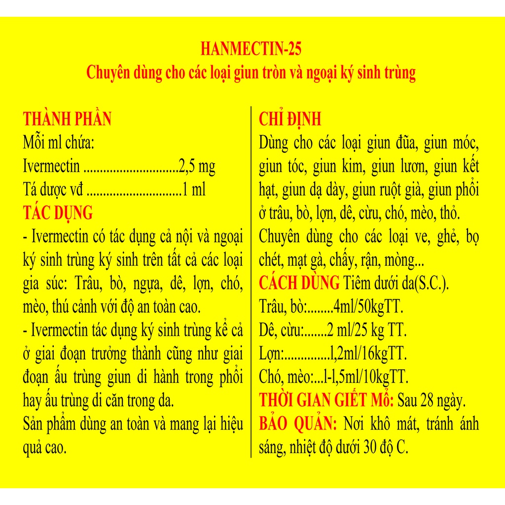 5 lọ Hanmectin 25   10ml Hàng việt nam dùng tốt cho trâu, bò, lợn, dê, cừu, chó, mèo, thỏ