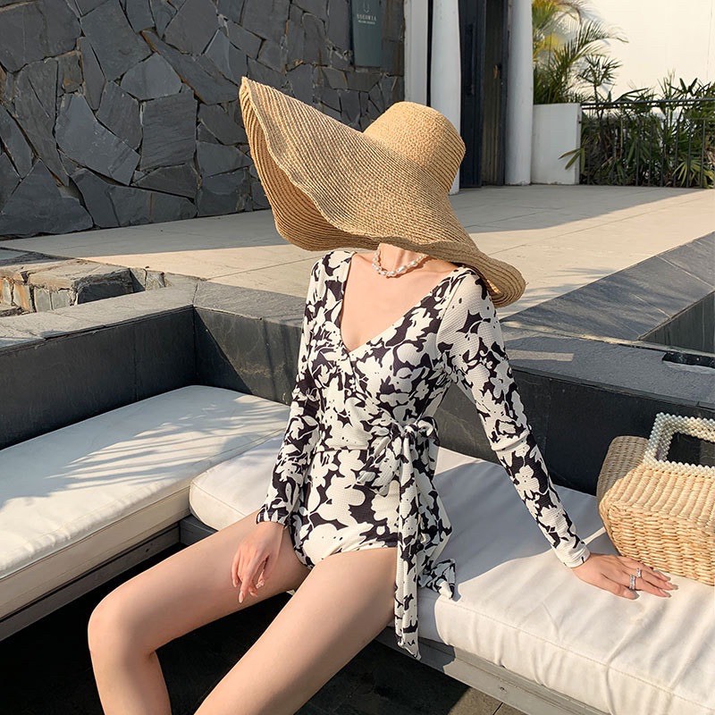 (Kèm Ảnh Thật) Bộ bơi nữ , bikini 1 mảnh liền thân hoạ tiết hoa trắng