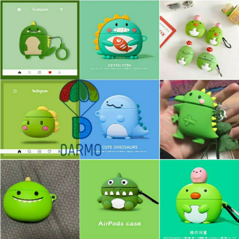 (Order 17 ngày) Case bảo vệ Airpods Pro/1/2 khủng long cầm cá hồi cam EARISE/ khủng long xanh da trời đầu nấm