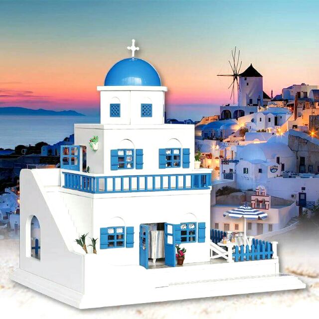 Kèm mica  - Mô hình nhà gỗ búp bê dollhouse DIY - A026 Santorini