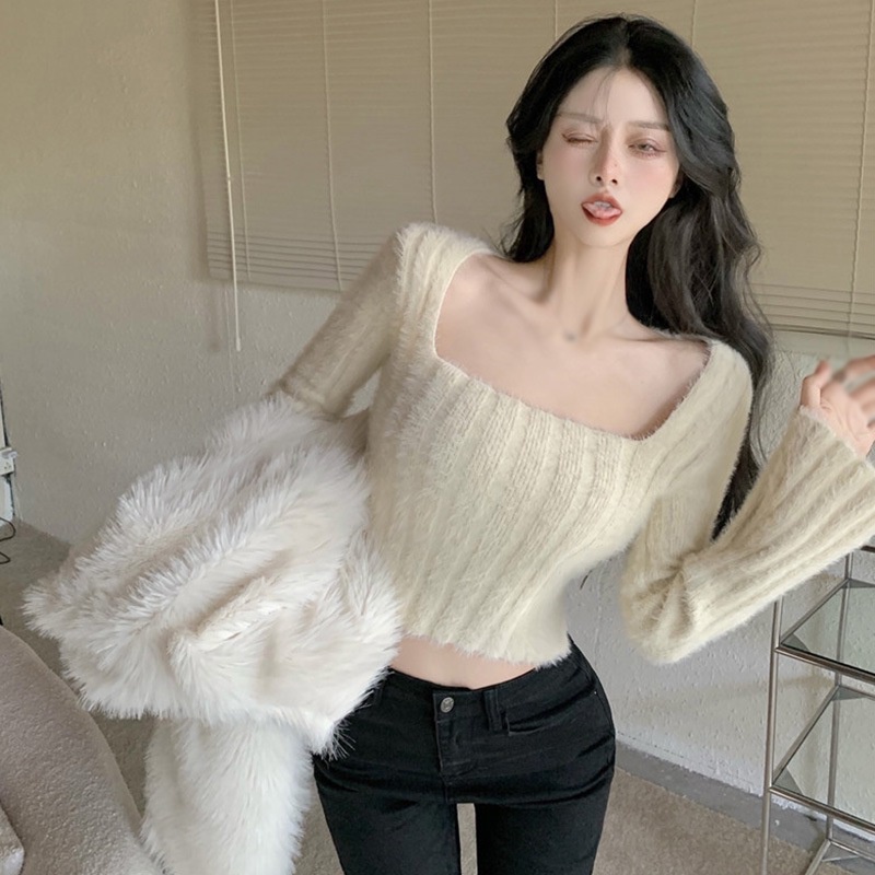 Áo Croptop Dệt Kim Tay Dài Cổ Vuông Màu Sắc Trơn Phong Cách Hàn Quốc Thời Trang Cho Nữ