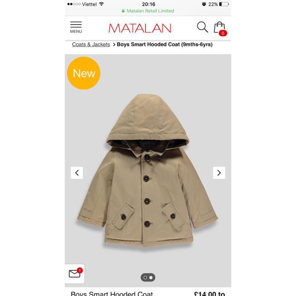 Áo Manto Bé Trai Cúc Giữa Matalan