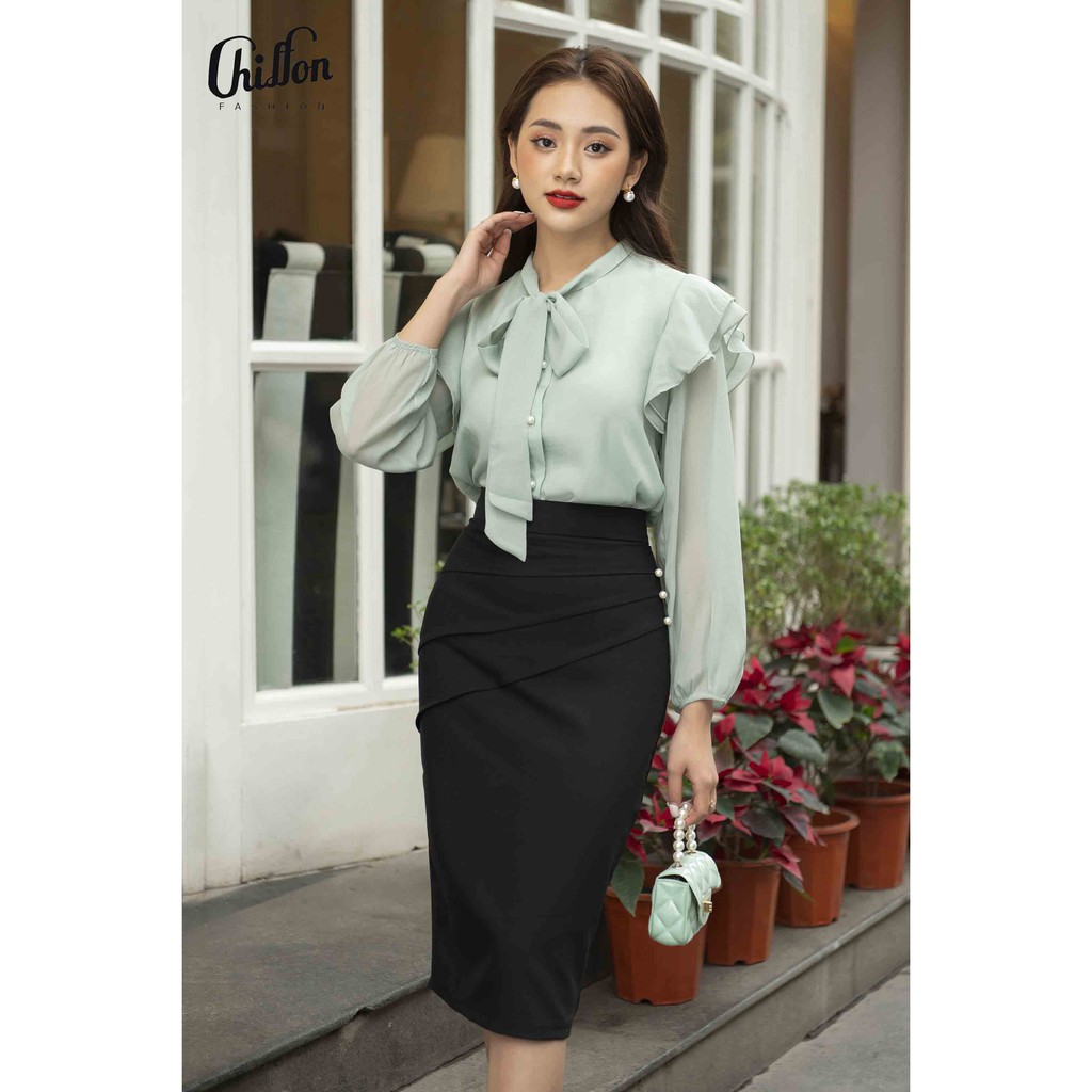 <Thiế kế đẹp>_Áo sơ mi nữ vai bèo kép cổ nơ chất liệu tơ | BigBuy360 - bigbuy360.vn