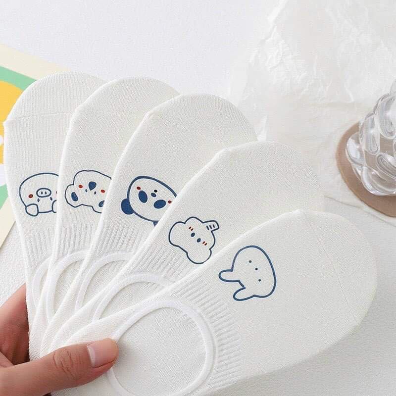 Combo 5 Đôi Tất Cổ Ngắn,Tất Lười Nữ Màu Trắng Họa Tiết Hình Thú Siêu Dễ Thương