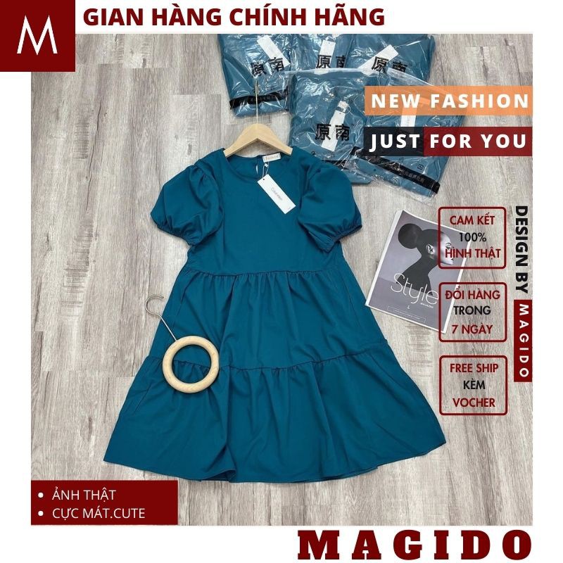 đầm nữ 💚váy nữ dự tiệc ,đầm BABYDOLL nhún eo 3 tầng ,mầu xanh cực xinh, phong cách ulzzang hot 2021, MAGIDO-(ẢNH THẬT)