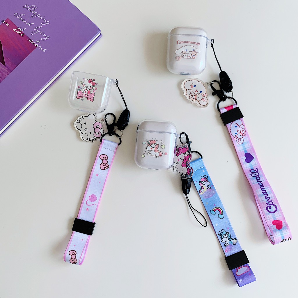 Vỏ Bảo Vệ Hộp Sạc Tai Nghe Airpods 1 / 2 / Pro Trong Suốt Họa Tiết Hello Kitty / Cinnamoroll Dễ Thương Kèm Dây Đeo