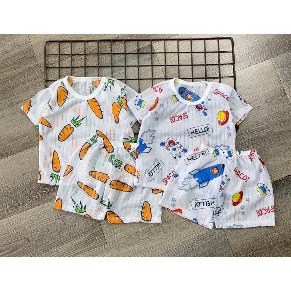 Bộ cotton giấy cộc cài vai in hình dễ thương cho bé 0 - 15kg