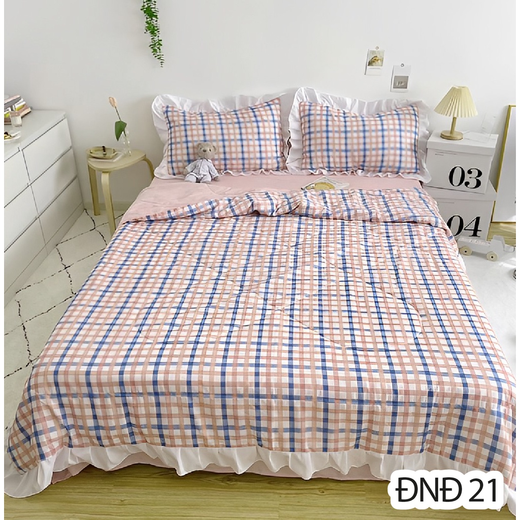 Trọn Bộ 5 Món Chăn Ga Gối Đũi Nhiệt Đới - Chăn Chần Bông - Chất Liệu Mát Nhiều Size