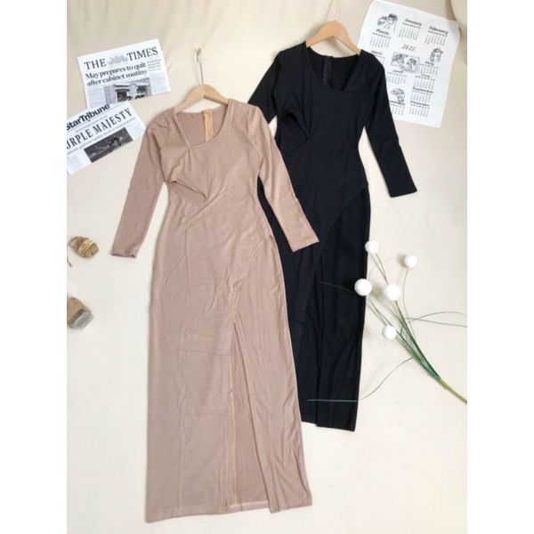 Đầm body xẻ đùi khoét eo sexy tay dài