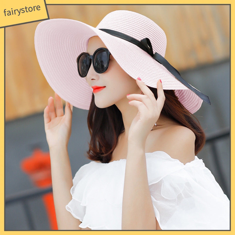 Nón Cói Rộng Vành Phối Ruy Băng Thắt Nơ Có Thể Gập Lại Thời Trang Mùa Hè Cho Nữ