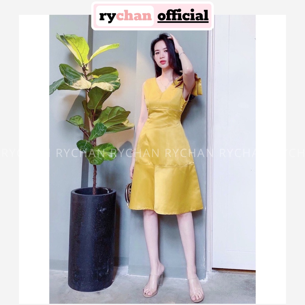 Đầm Xòe Vàng Nơ Vai Cổ V - DX065