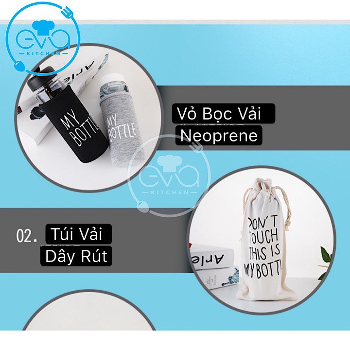 Bình Nước Thủy Tinh In Chữ My Bottle Kèm Vỏ Bọc Vải Neoprene Và Túi Vải Dây Rút Nhiều Màu 500ml