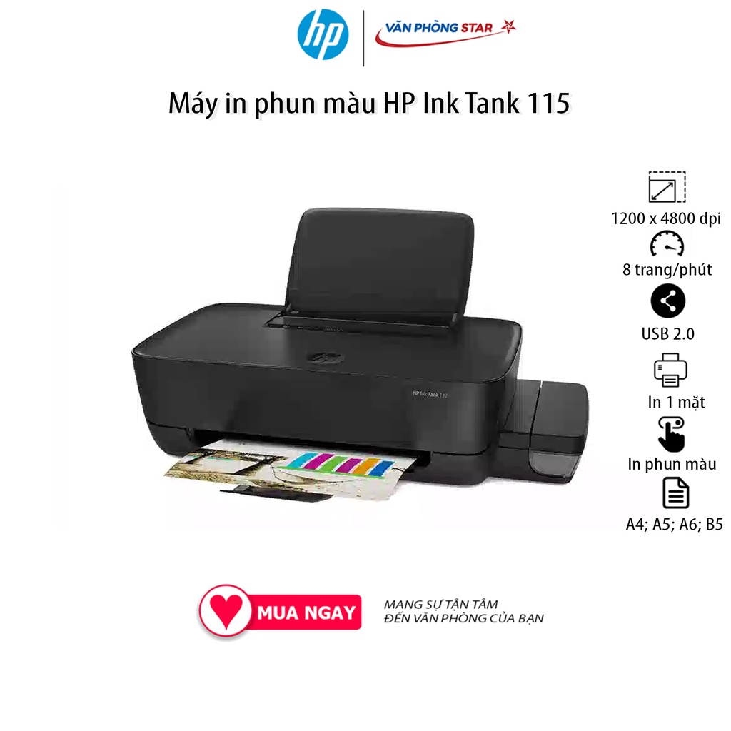 Máy in phun màu HP Ink Tank 115 2LB19A Tốc độ in đen trắng 19 trang/phút Tốc độ in màu 15 trang/phút 4800 x 1200 dpi