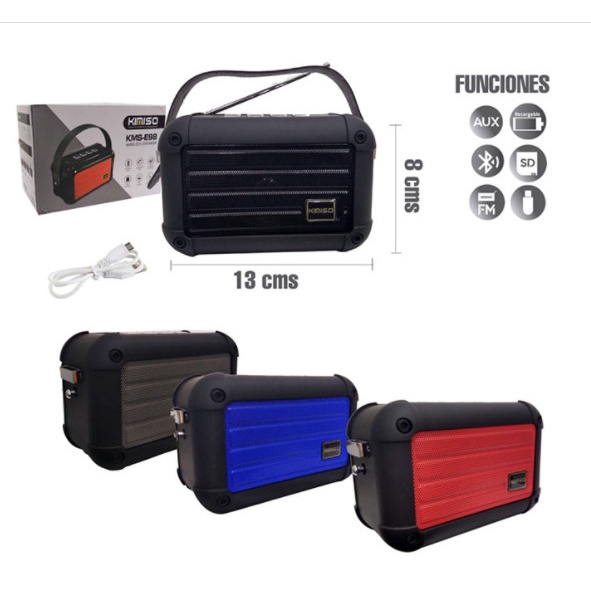 Loa bluetooth mini Kimiso KMS-E98 hỗ trợ nghe USB, khe thẻ nhớ, đài radio FM, cắm dây AUX, thoại rãnh tay, có quai xách