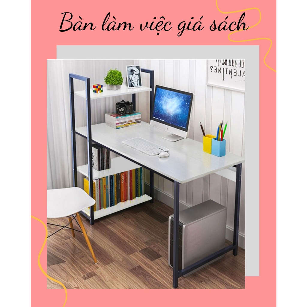Bàn làm việc thông minh kèm giá sách tự lắp ráp đơn giản văn phòng nhà khung thép sơn tĩnh điện mặt bàn gỗ chân sắt
