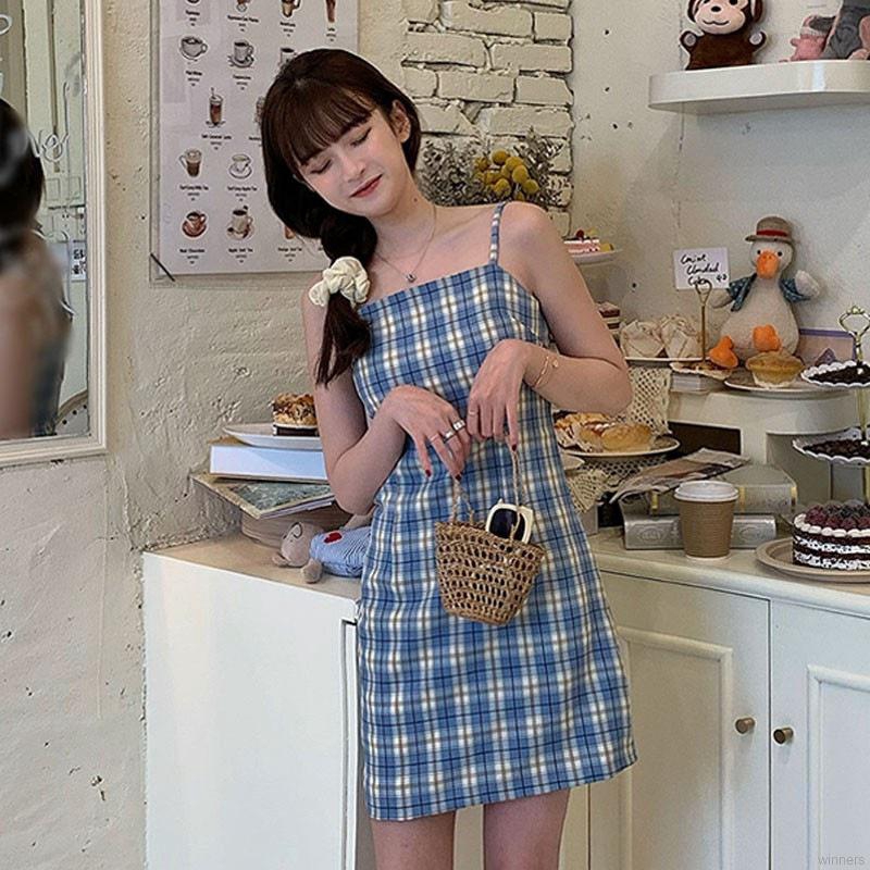 Đầm Hai Dây Họa Tiết Sọc Caro Phong Cách Retro | BigBuy360 - bigbuy360.vn