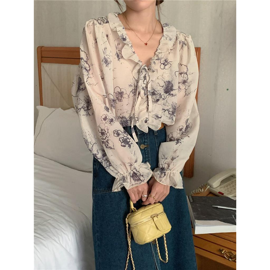 Áo Sơ Mi Voan Dài Tay In Họa Tiết Thanh Lịch Theo Phong Cách Xuân Hè 56004