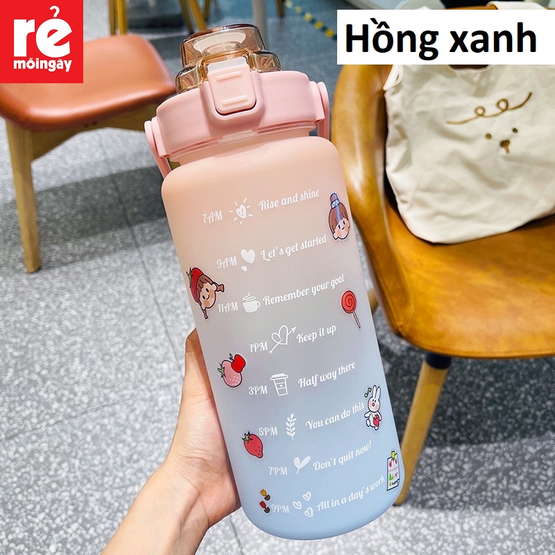 Bình nước 2 lít  cute chia vạch nhắc nhở 🌸FREESHIP🌸 bình đựng nước 2L có vòi tập gym thể thao