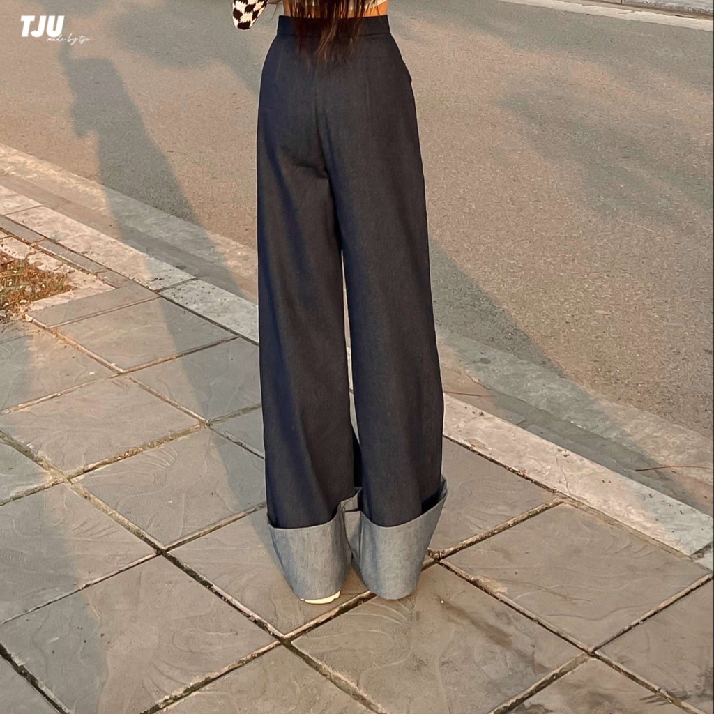 Quần jean nữ cạp cao ống rộng gấu gập phối 2 túi trước, Quần bò nữ ống rộng gập gấu ulzzang, thiết kế T-Ju (jeans cici) | BigBuy360 - bigbuy360.vn