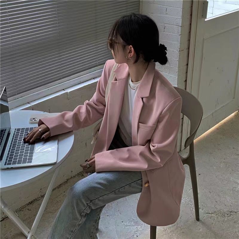 Áo Khoác Blazer Dáng Rộng Màu Hồng Trơn Thời Trang Xuân Thu Hàng Mới Dành Cho Bạn Nữ