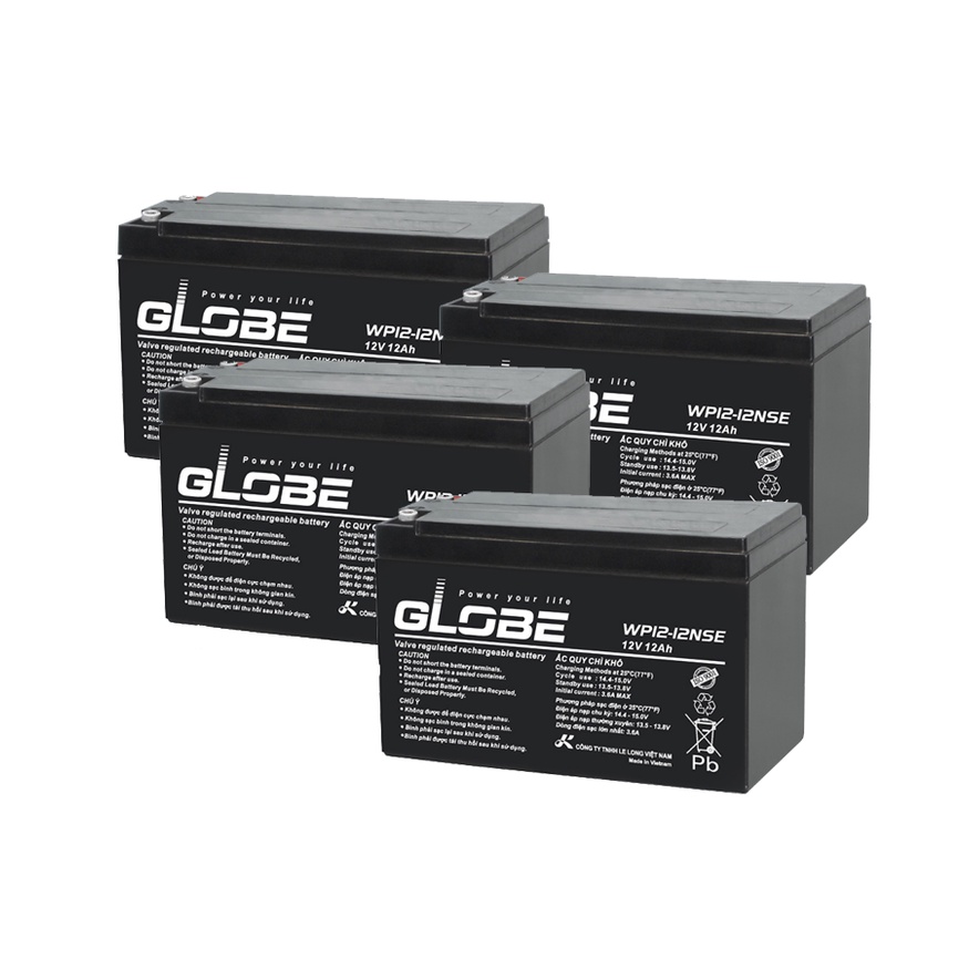BỘ 4 BÌNH ẮC QUY XE ĐẠP ĐIỆN GLOBE 12V 12AH  - CHÍNH HÃNG