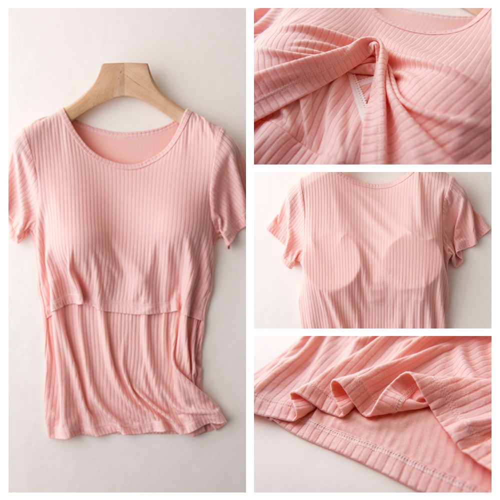 Áo Thun Cotton Mềm Tay Ngắn Có Miếng Đệm Ngực Cho Phụ Nữ Mang Thai