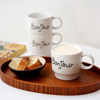 Cốc uống cà phê Bonjour bằng sứ in chữ đơn giản sáng tạo
