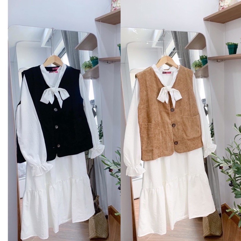 [Ảnh thật/Video] Váy babydoll trắng nơ cổ phong cách ulzzang Váy trắng tiểu thư 2 lớp | BigBuy360 - bigbuy360.vn