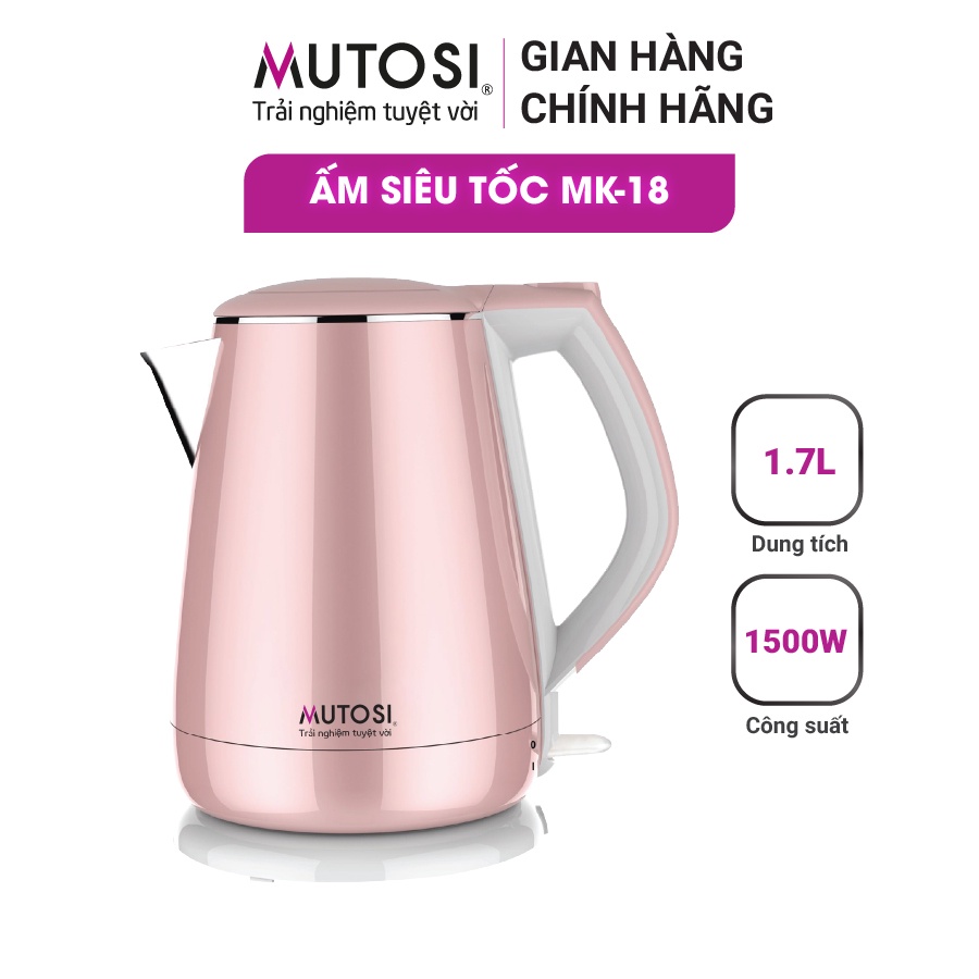 Ấm đun siêu tốc Mutosi MK-18 (hồng), 1.5L, thân ấm 2 lớp cách nhiệt siêu bền, công nghệ Nhật Bản, bảo hành 24 tháng