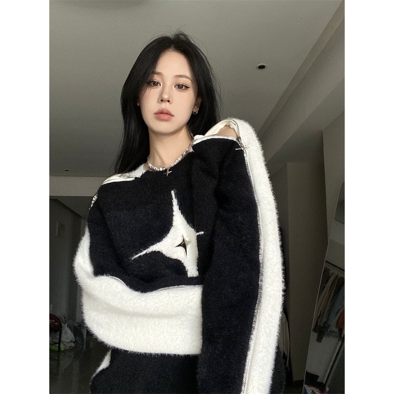 Áo Sweater Trễ Vai Phối Khóa Kéo Phong Cách Mỹ Thời Trang Mùa Thu Cho Nữ