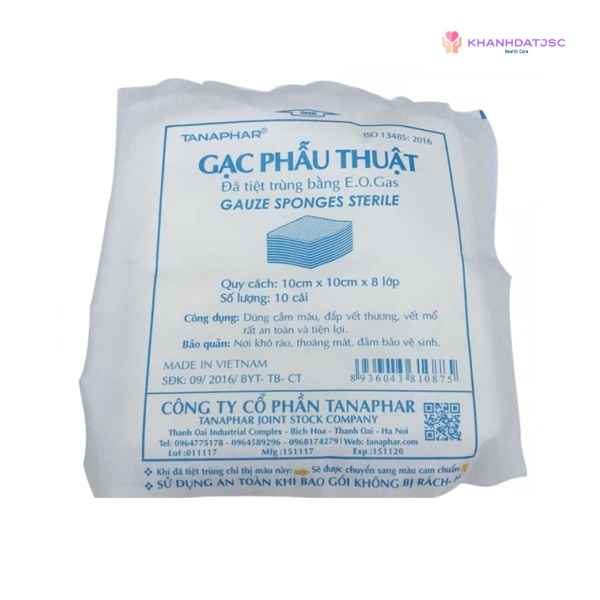 Gạc phẫu thuật, băng vết thương tiệt trùng Tanaphar 10cm x 10cm