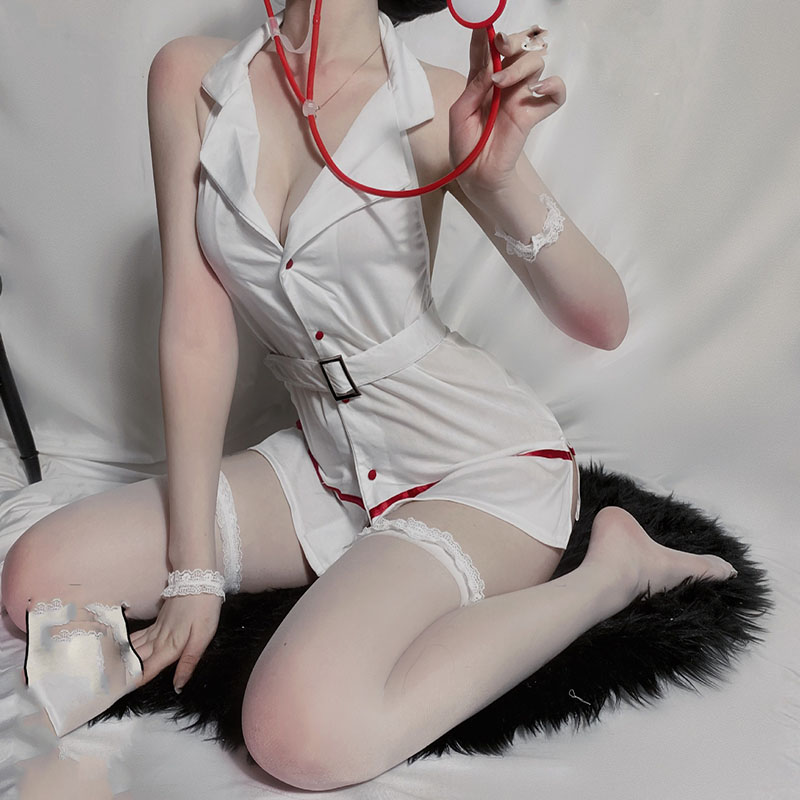 Sexy Lingerie Nurse Cosplay Costume Sweet Cute Dress One-piece Deep V Slim Waist Uniform Temptation