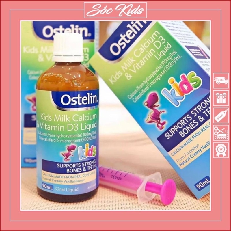 Ostelin Kids Milk Calcium &amp; Vitamin D3 Liquid Dạng Siro Cho Bé 7 Tháng Tuổi - CHUẨN ÚC | DATE 2024 | 90 ML | SÓC KIDS