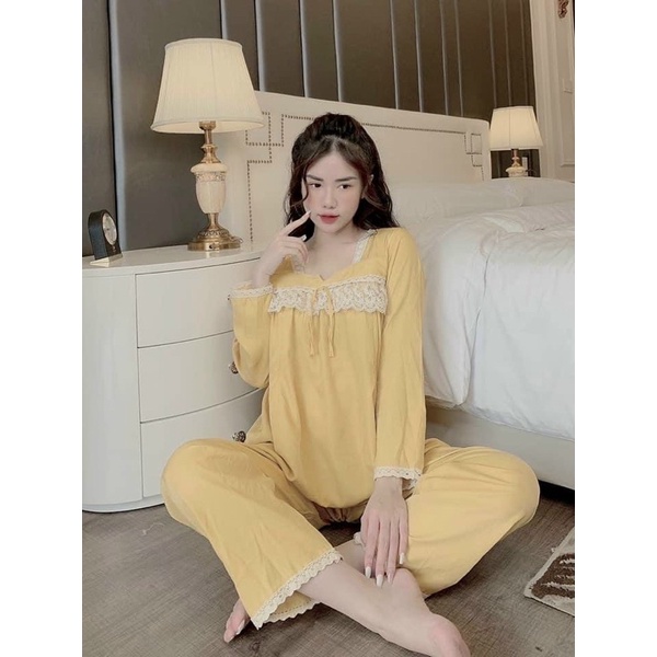 Đồ bầu mặc nhà cổ vuông- bộ bầu sau sinh chất đũi hàn phối ren ở ngực có khoá mở