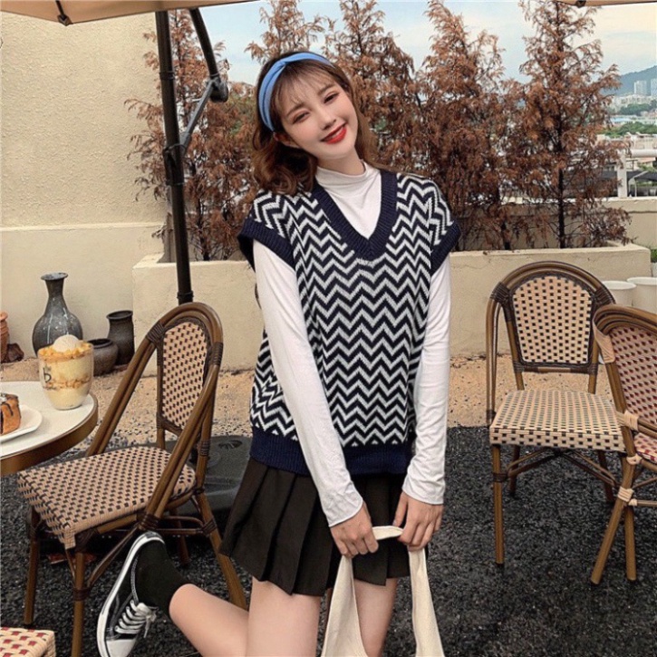 Gile Len Nữ GUMAX Ullzang, Áo Gile Len Sóng Cổ Chữ V Hàng Quảng Châu Thời Trang Cao Cấp