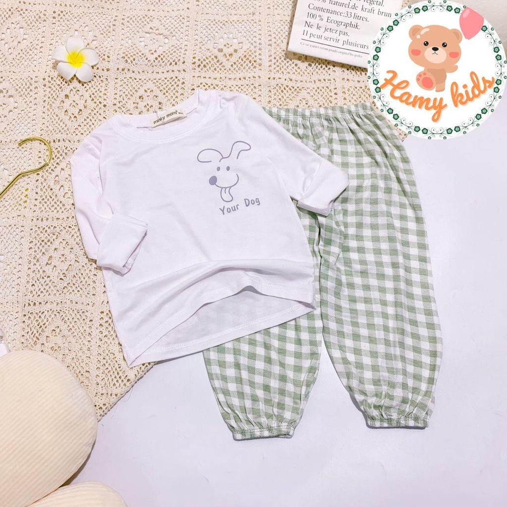 Bộ Dài Tay Quần ALibaba Minky Mom Chính Hãng Thun Lạnh Áo Trắng Quần Caro Bé Trai Bé Gái Từ 0-5 Tuổi Dưới 20kg- Hamykids