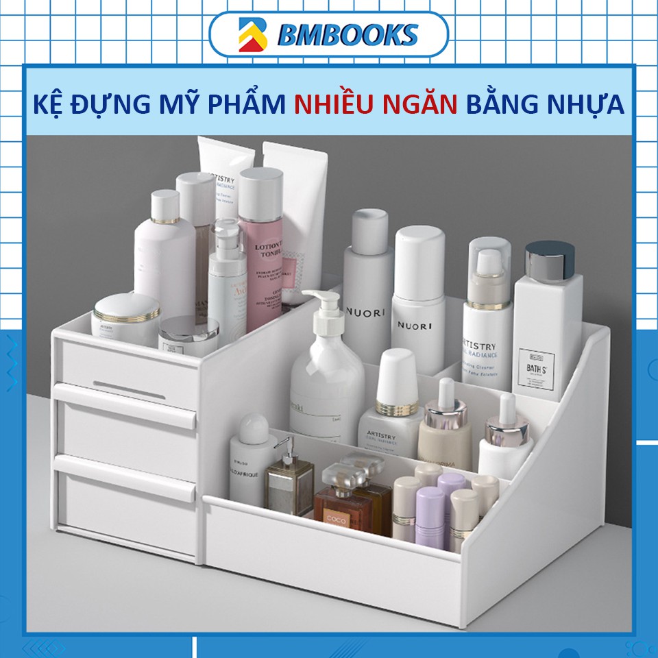 Kệ đựng mỹ phẩm/đồ dùng học tập mini có ngăn bằng nhựa giúp bàn trang điểm gọn gàng khoa học đẹp mắt BMbooks