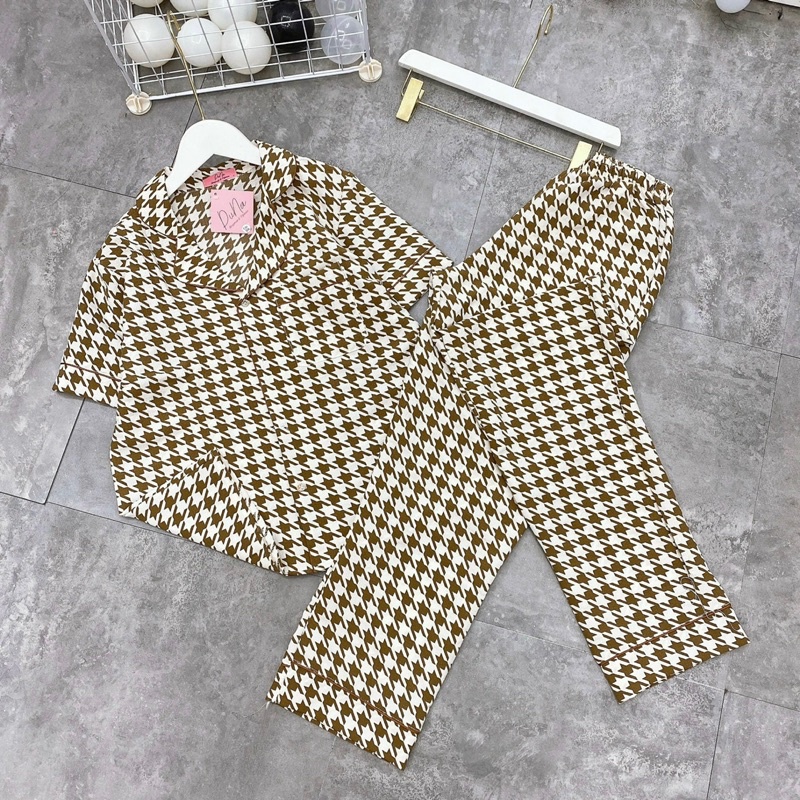 Bộ pijama hoạ tiết kẻ ô ziczac chất đũi xốp áo cộc quần dài mặc nhà nữ hàng thiết kế cao cấp