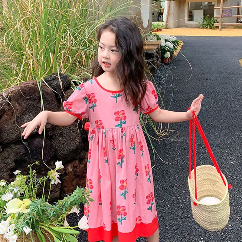 Đầm Hoa Cổ Tròn Tay Phồng Ngắn Kiểu Hàn Quốc Thời Trang Mùa Hè Xinh Xắn Cho Bé Gái