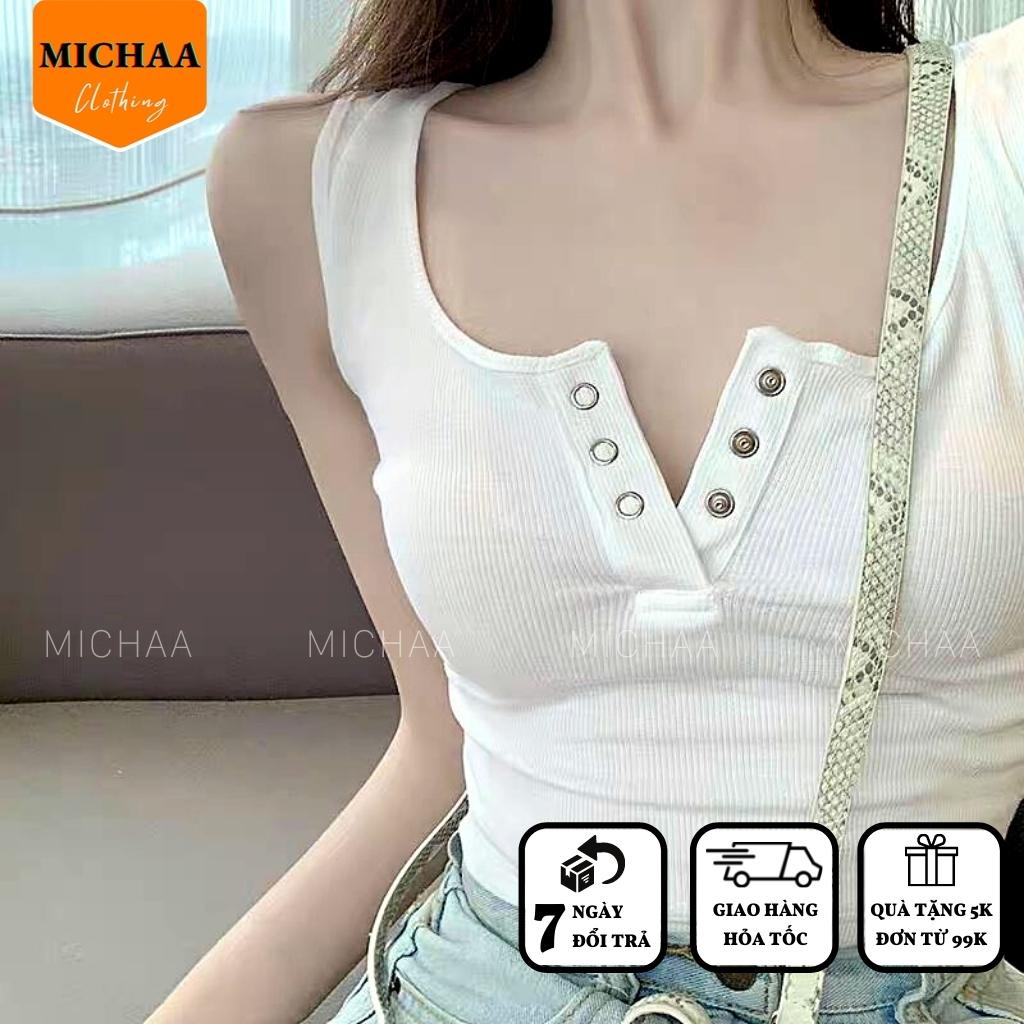 Áo Croptop Ba Lỗ CÚC BẤM Nữ Kiểu Sát Nách Cổ Vuông Chất Thun Gân Ôm Body - MICHAA