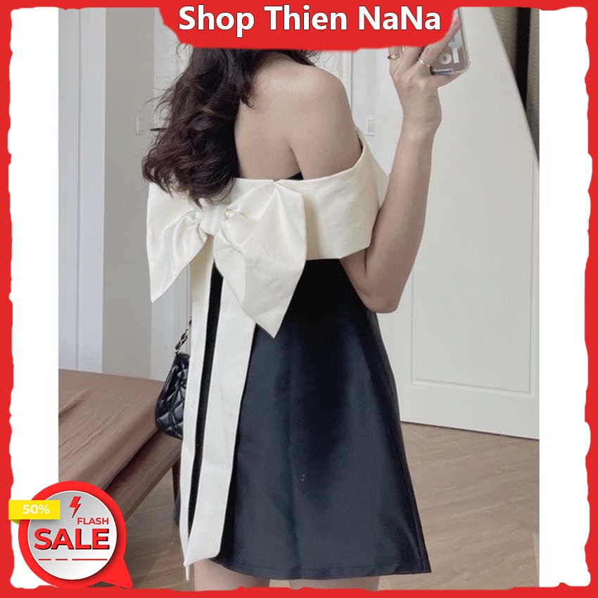Đầm trễ vai phối nơ trắng sau lưng siêu xinh , Có sẵn mút ngực cao cấp , Váy đẹp dự tiệc