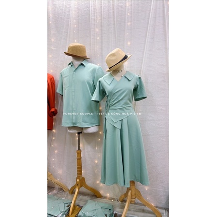 Áo váy đôi nam nữ màu xanh mint trend đấp tà ngực - Đồ đôi Forever Couple Store