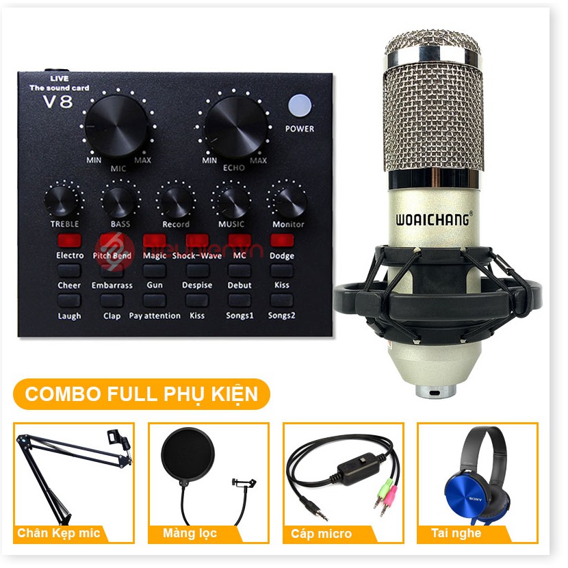 Trọn Bộ micro thu âm livestream chuyên nghiệp Combo Micro BM 900 Woaichang + Sound Card V8 – Thu âm hát live stream, kar