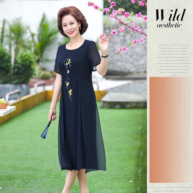 Váy Trung Niên MAI THY D393, Mẫu Đầm Suông Cho Mẹ Đi Tiệc Thêu Hoa Mai Form Rộng Trang Nhã | Thời Trang Trung Niên U40+