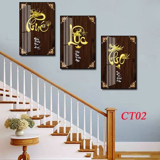 Bộ 3 tranh PHÚC LỘC THỌ giả gỗ treo cầu thang đẹp