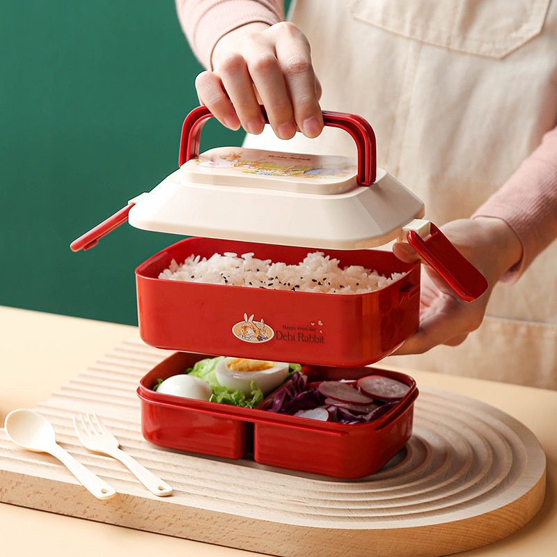 Hộp đựng cơm 2 tầng Debi kèm Thìa và dĩa nhỏ gọn tiện lợi có quai xách